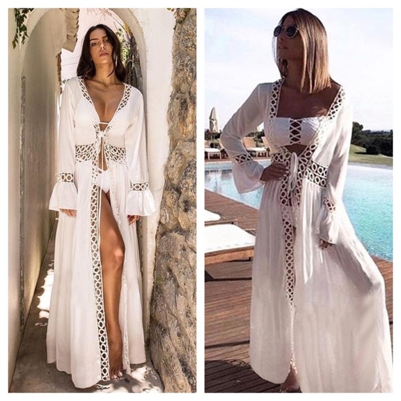 Boho Flowing White Cover Up Crochet Detail - Picture 3 of 16